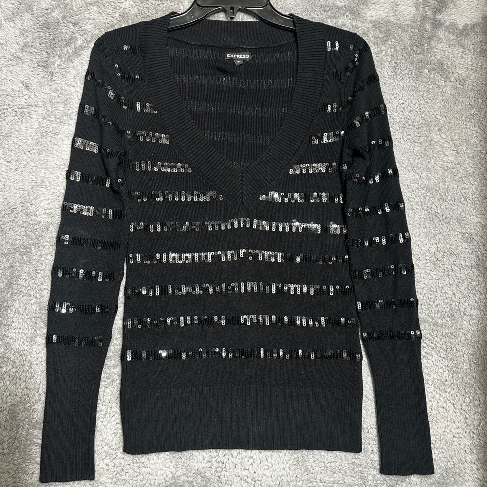 Express Sequin Striped‎ Sweater Womens Small Black V-Neck Ribbed Knit Pullover